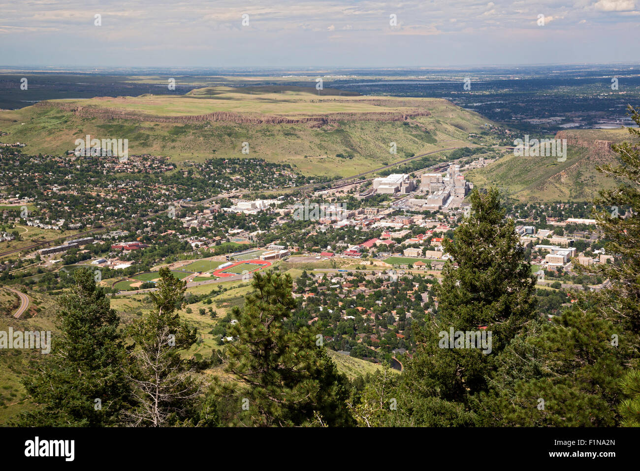 Golden, Colorado. North Table Mountain is beyond the city at left. South Table Mountain is at far right. Stock Photo