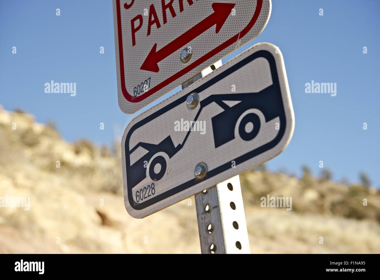Towing Sign Closeup. No Parking Zone. Stock Photo