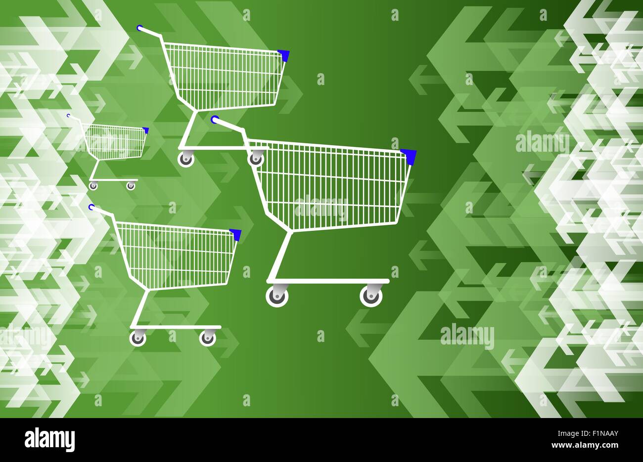 Green Shopping Concept Illustration with Arrows Targeting Shopping Carts. Marketing and Advertising Abstract Concept. Stock Photo