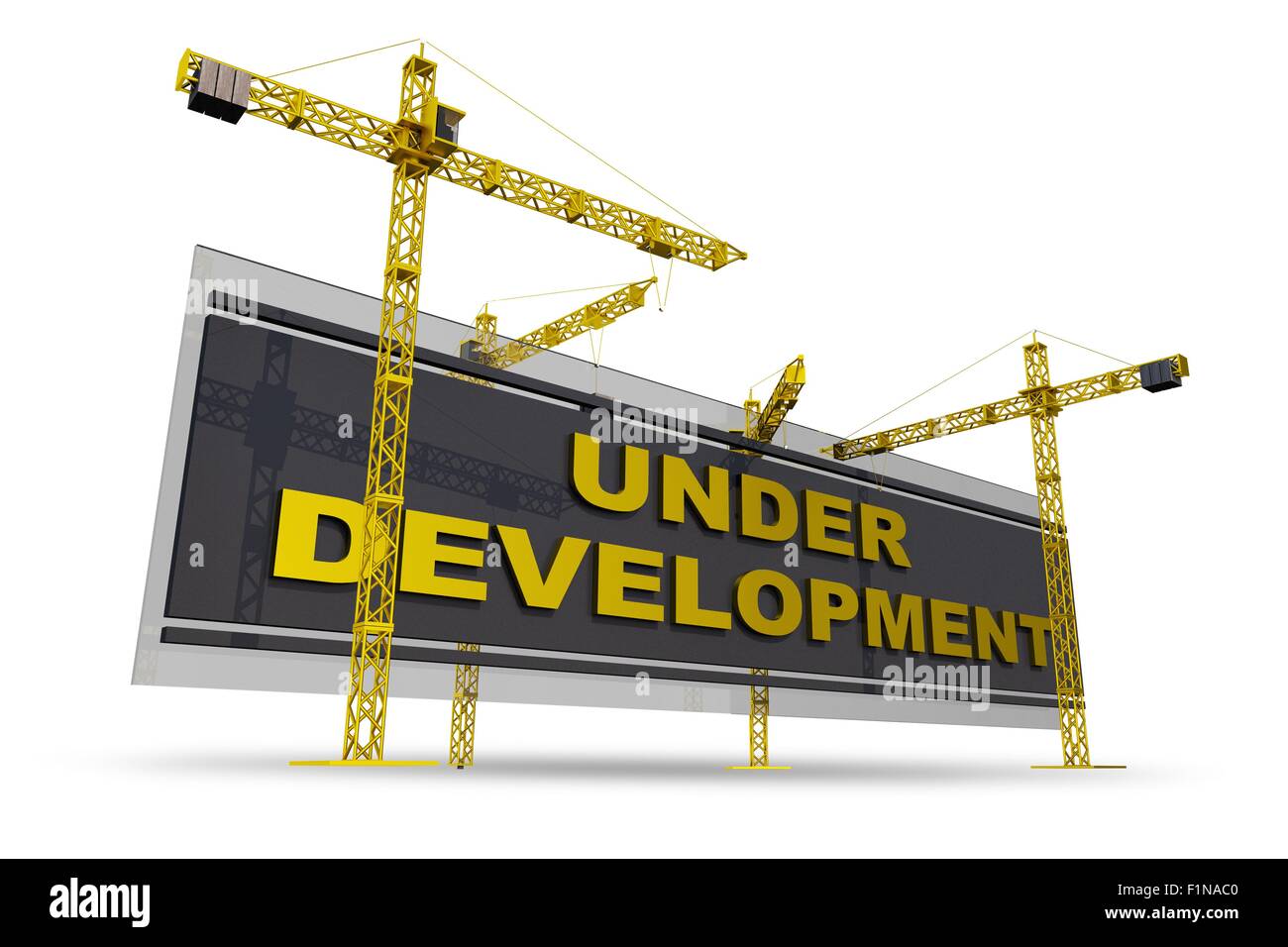 Under Development Concept Illustration. Large Billboard and Construction Cranes Isolated on White. 3D Render Graphic. Stock Photo
