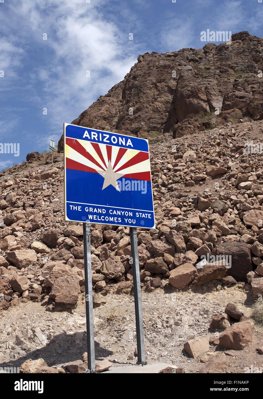 Arizona Welcomes You. Arizona State Entrance Sign. The Grand Canyon State. Stock Photo