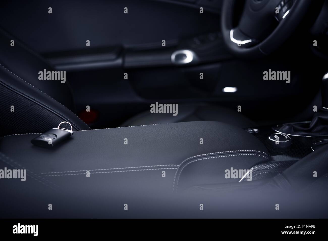 Car Interior - Driving Theme. Modern Sporty Vehicle Interior with Lock Remote. Transportation Photo Collection. Stock Photo