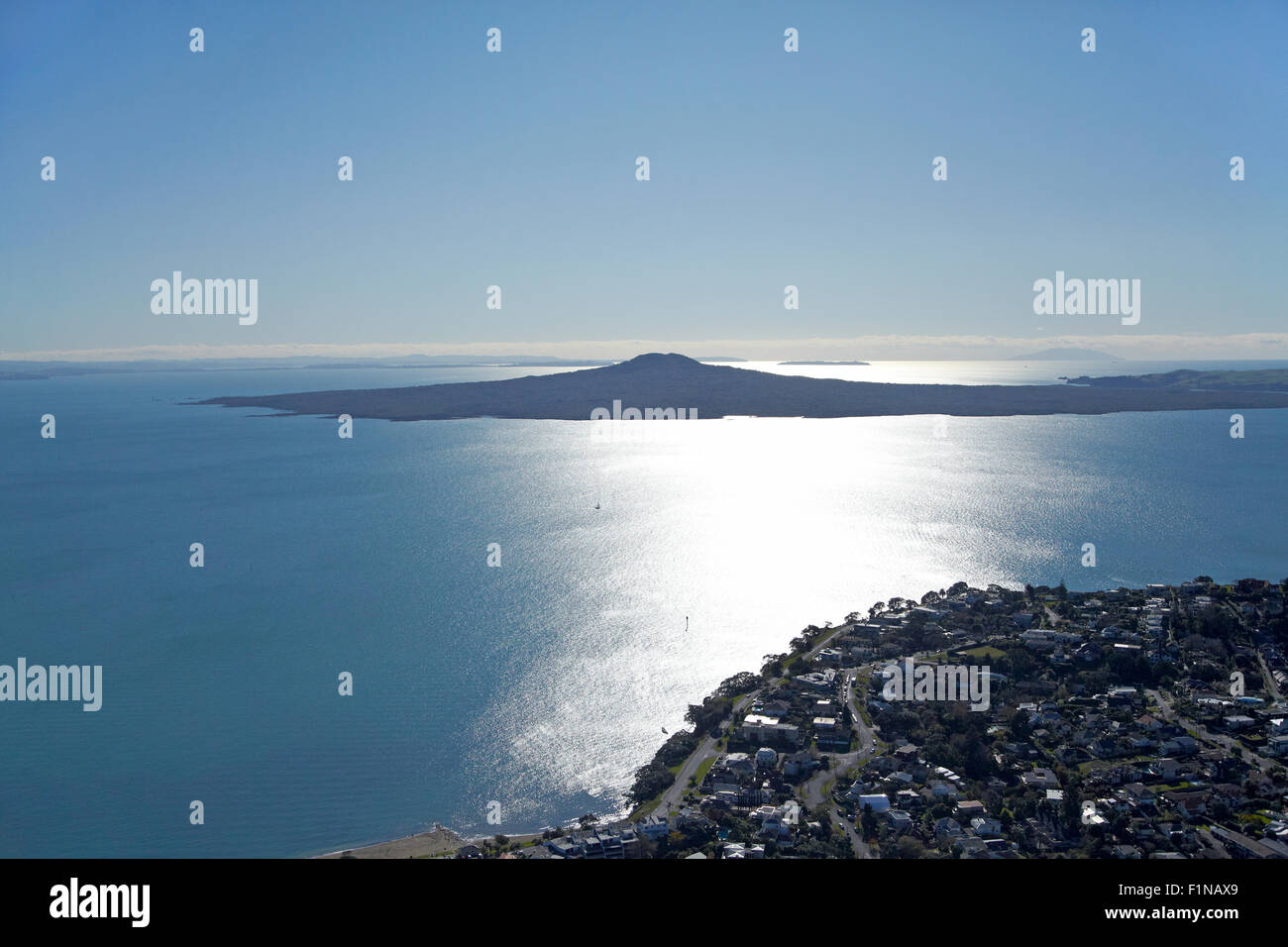 Rangitoto Island and St Heliers Bay, Auckland, North Island, New Zealand - aerial Stock Photo