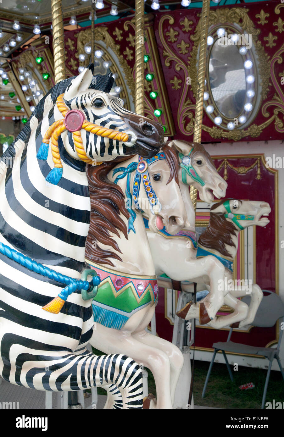 Carousel zebra and horses on a merry-go-round at the Fair,2015 Stock