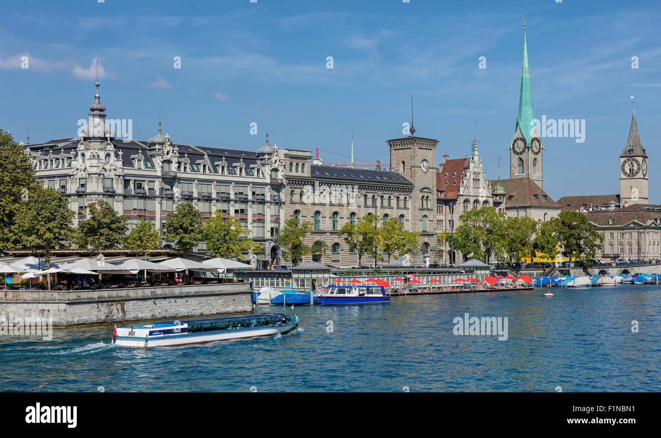 Zurich, Switzerland - 31 August, 2015: view on the Limmat river with 'Felix' ship passing. Zurich is the largest city in Switzer Stock Photo