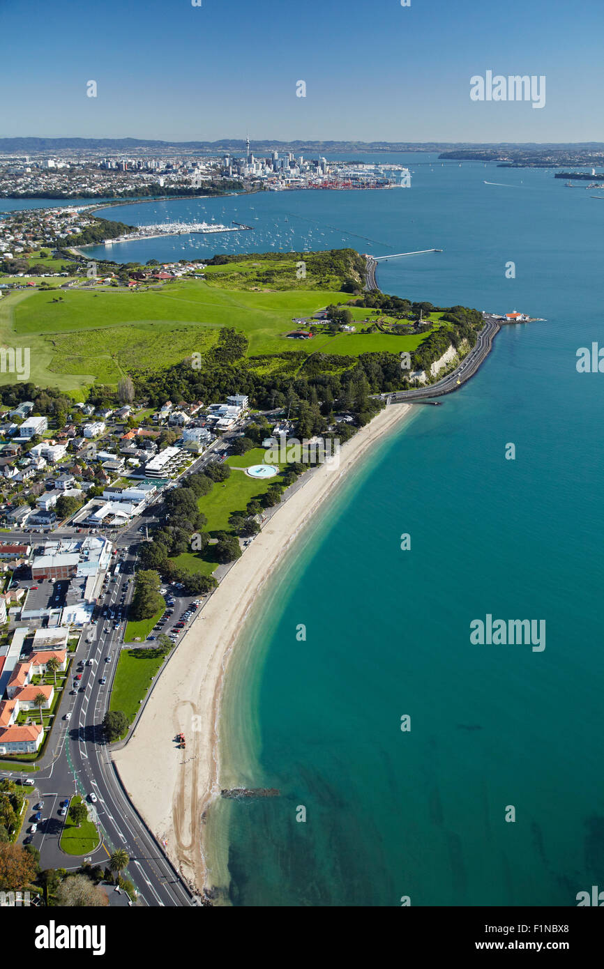 Mission Bay, and Bastion Point, Auckland, North Island, New Zealand - aerial Stock Photo