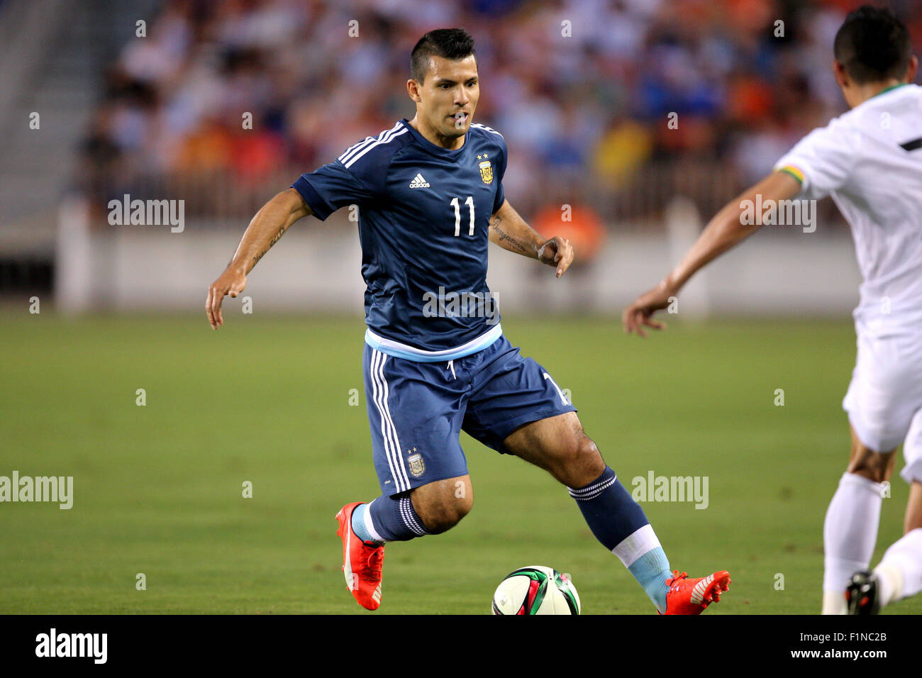Houston, TX, USA. 04th Sep, 2015. Argentina forward Sergio Aguero (11) plays the ball forward in the offensive zone during an international friendly soccer match between Argentina and Bolivia from BBVA Compass Stadium in Houston, TX. Credit image: Erik Williams/Cal Sport Media/Alamy Live News Stock Photo