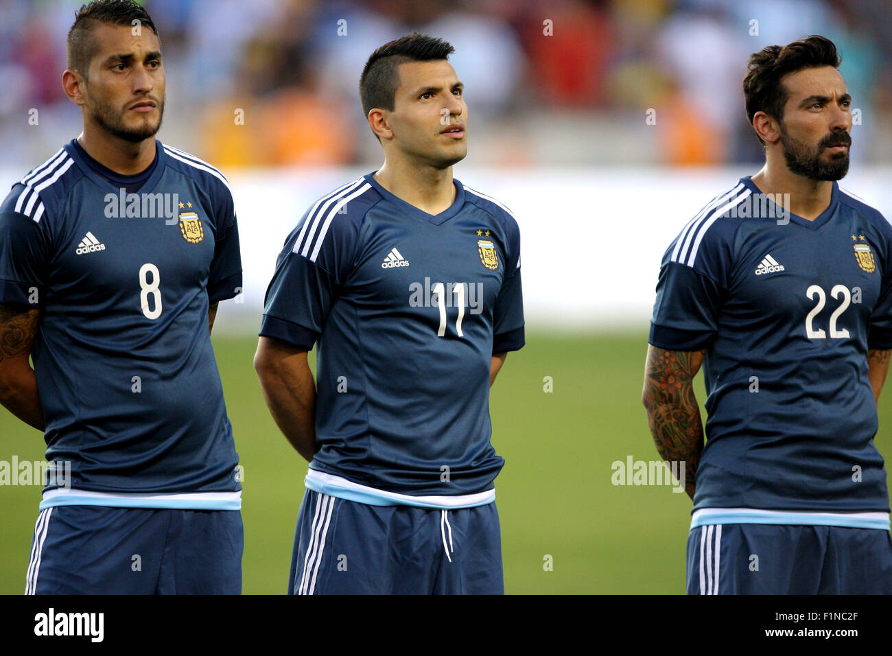 Houston, TX, USA. 04th Sep, 2015. Argentina forward Sergio Aguero (11) stands during the Argentinian national anthem prior to an international friendly soccer match between Argentina and Bolivia from BBVA Compass Stadium in Houston, TX. Credit image: Erik Williams/Cal Sport Media/Alamy Live News Stock Photo