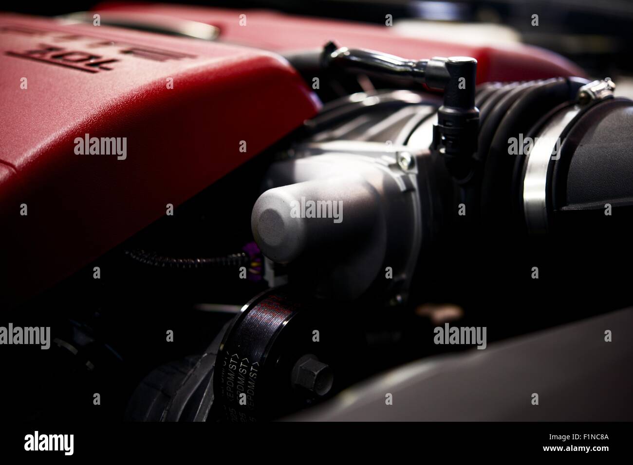 Powerful Car Engine. Red Engine Top Cover. Transportation Technology