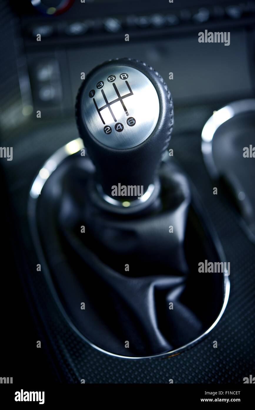 Stick Shift Manual Transmission Drive. Vehicle Interior. Six (6) Speed Car Transmission