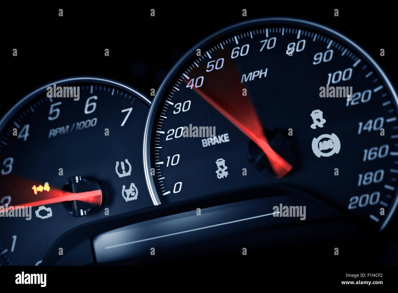 Sporty Speedometer. Sports Car Instruments Dash/Panel Closeup. RPM and Speed Metering. Transportation Photo Collection. Stock Photo