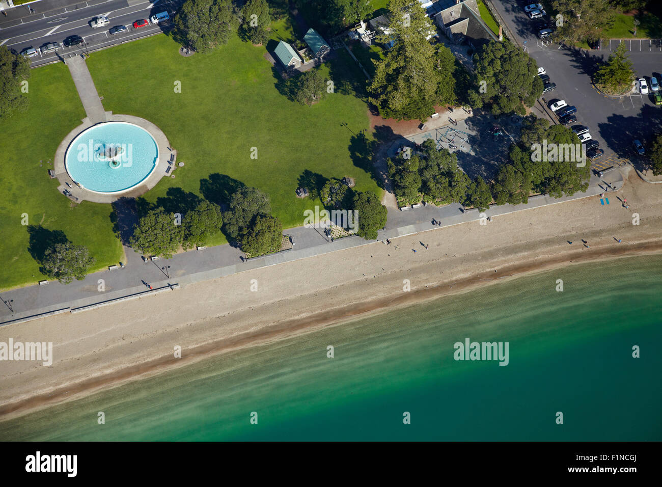 Fountain, Mission Bay Reserve, Auckland, North Island, New Zealand - aerial Stock Photo