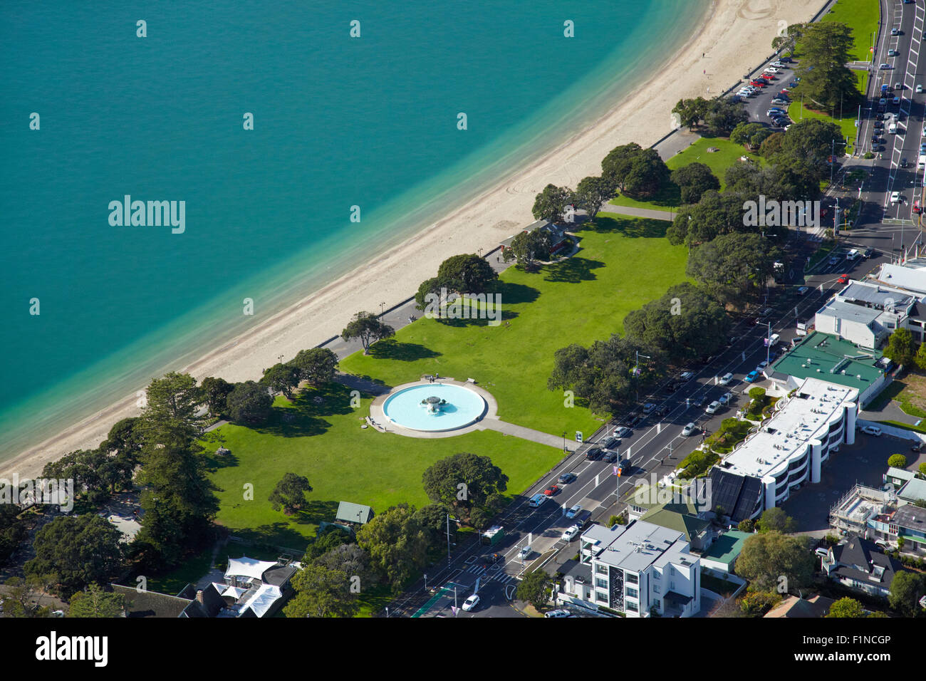 Fountain, Mission Bay Reserve, Auckland, North Island, New Zealand - aerial Stock Photo