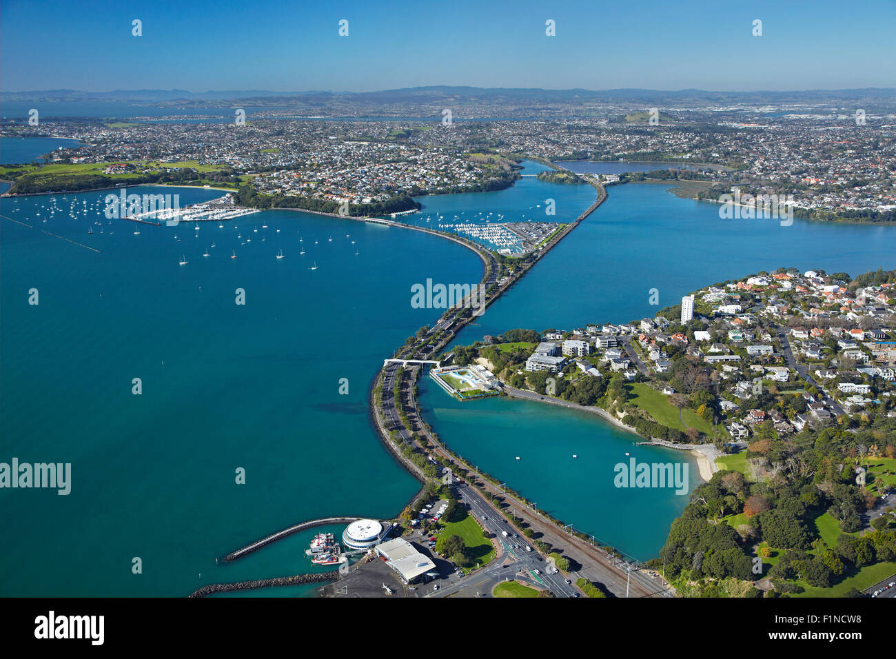 Judges Bay, Tamaki Drive and Waitemata Harbour, Auckland, North Island, New Zealand - aerial Stock Photo