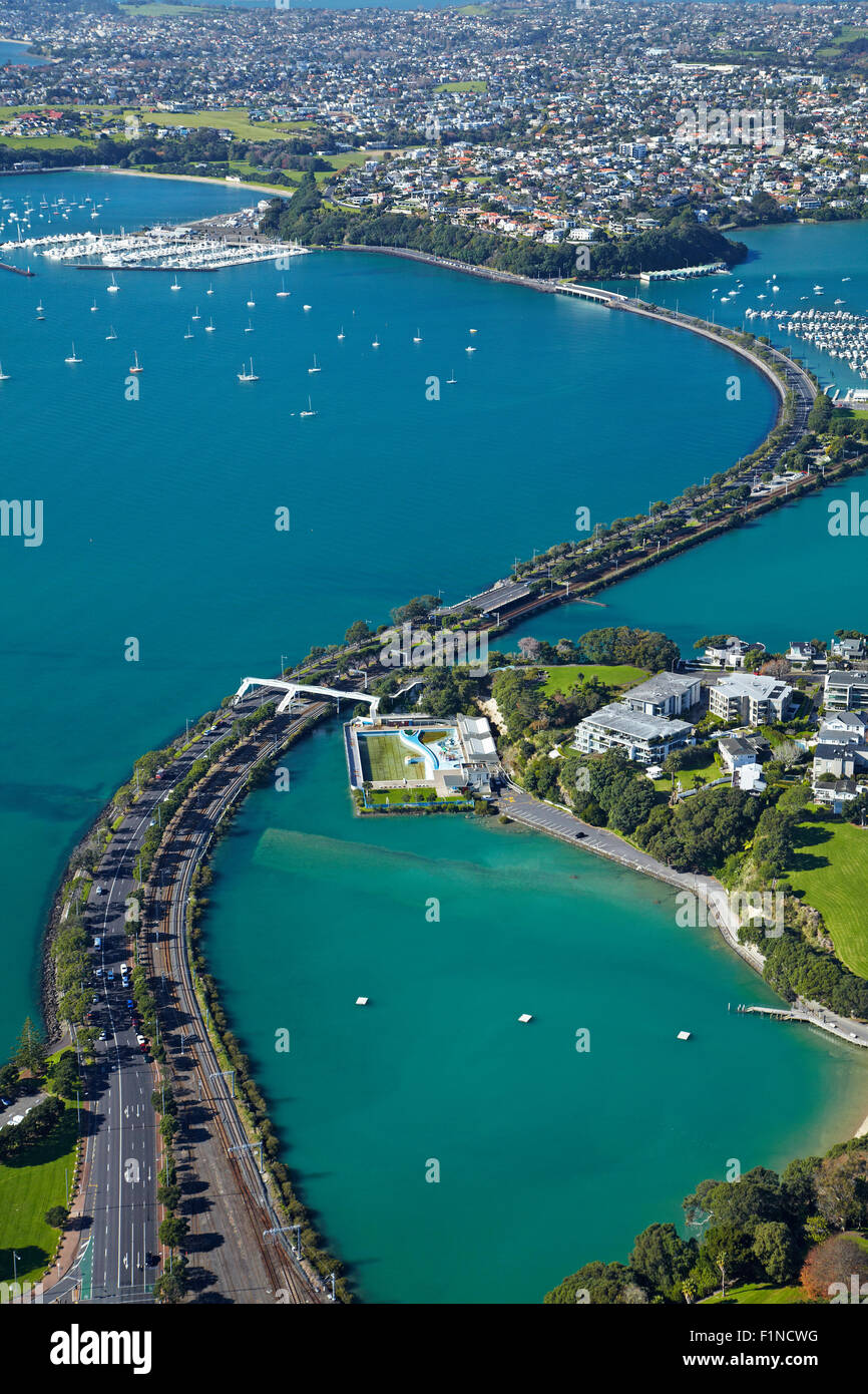 Judges Bay, Tamaki Drive and Waitemata Harbour, Auckland, North Island, New Zealand - aerial Stock Photo