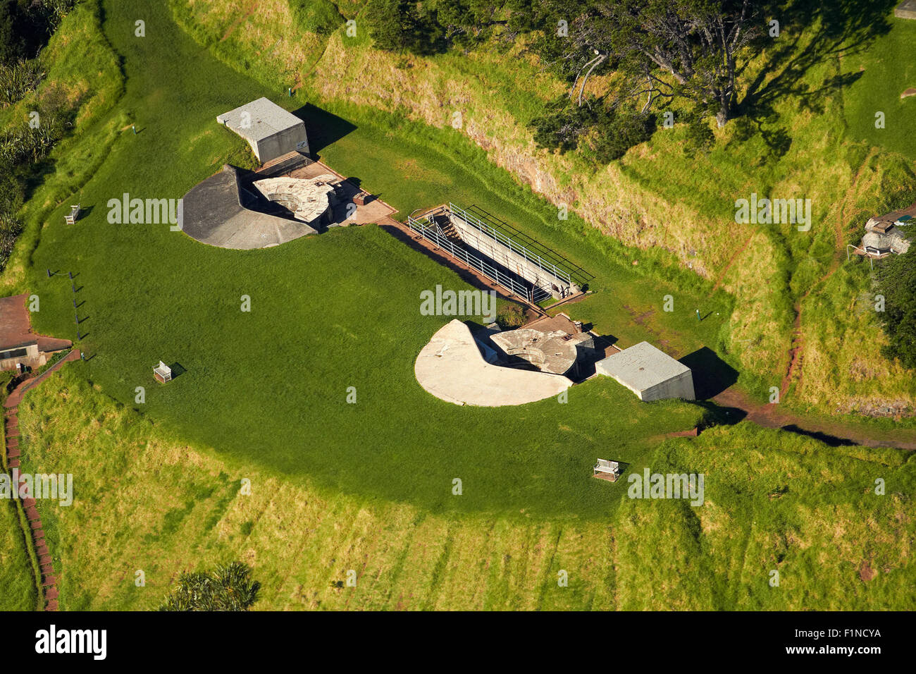 Historic gun emplacements, North Head, Devonport, Auckland, North Island, New Zealand - aerial Stock Photo