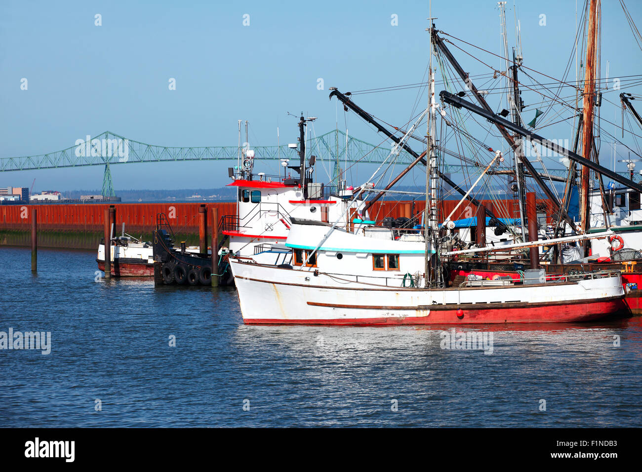 Moored fishing boats in Astoria Oregon. Stock Photo