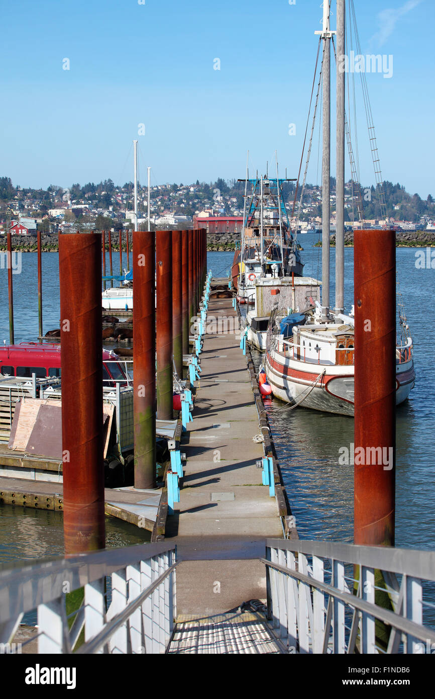 A long platform and steel poles reaches out to accommodate boats and