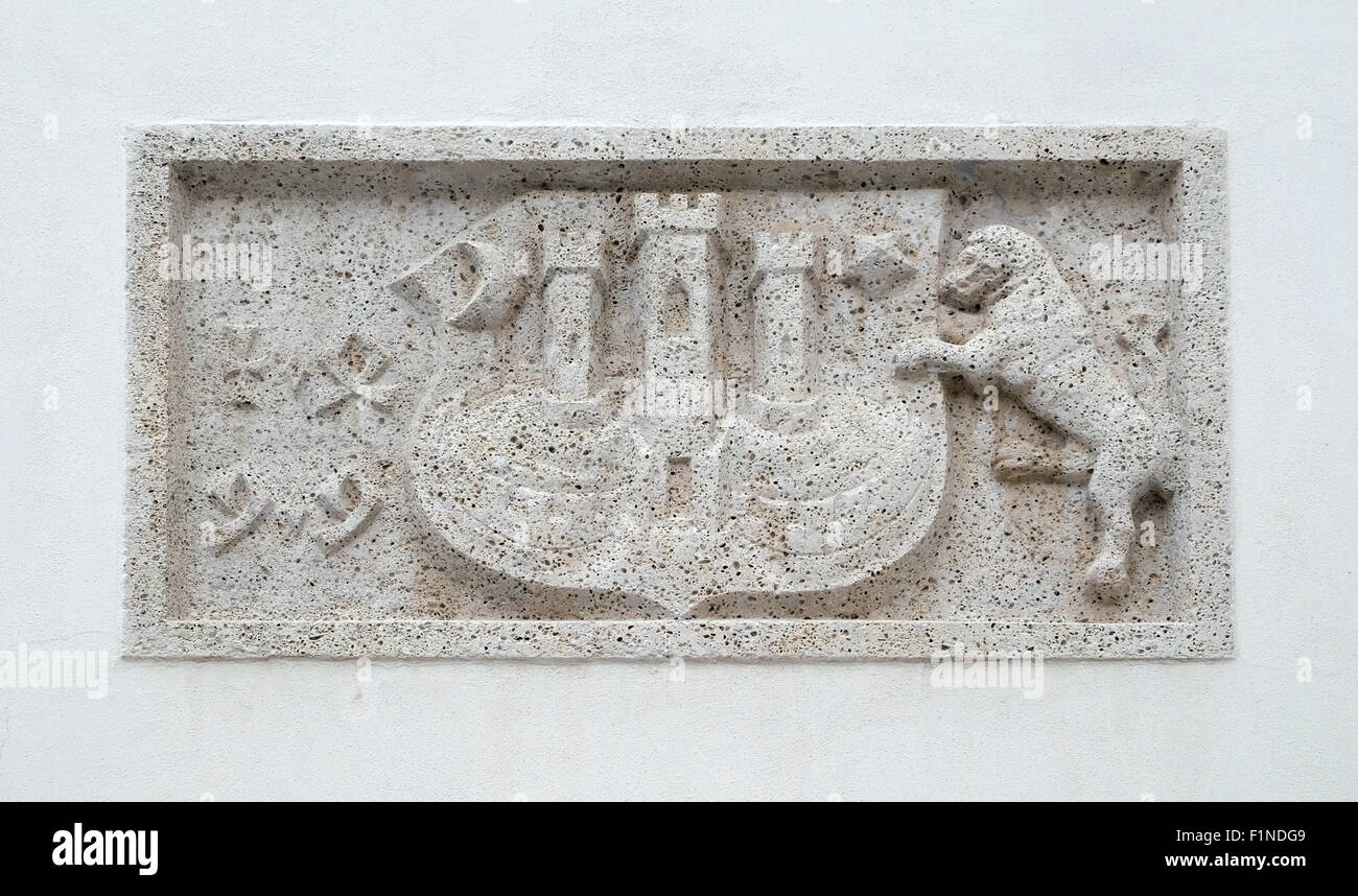Zagreb Coat of Arms, west portal of the church of St. Mark in Zagreb, Croatia Stock Photo