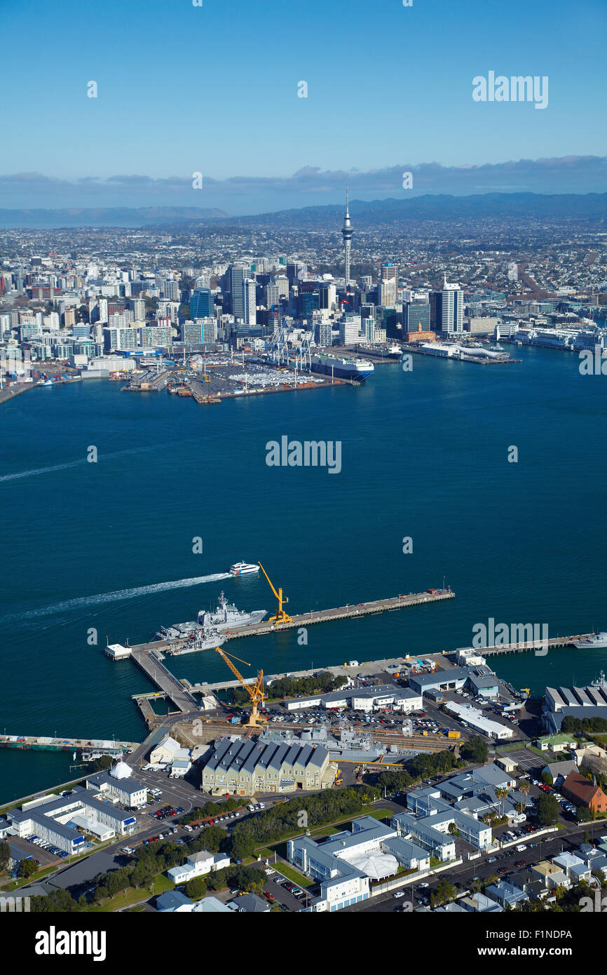 Devonport Naval Base, Waitemata Harbour and CBD, Auckland, North Island, New Zealand - aerial Stock Photo