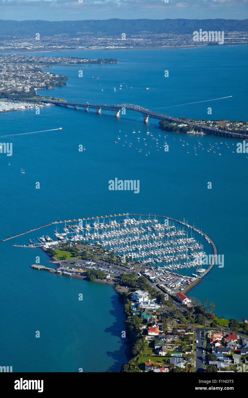 Bayswater Marina, Waitemata Harbour, and Auckland Harbour Bridge, Auckland, North Island, New Zealand - aerial Stock Photo