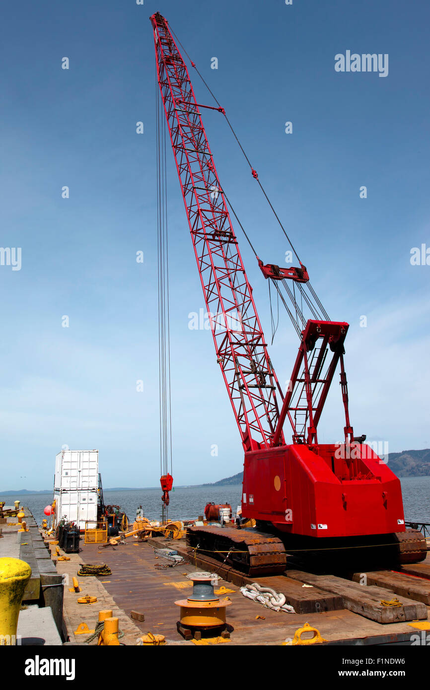 A heavy duty crane on a barge in Astoria Oregon. Stock Photo
