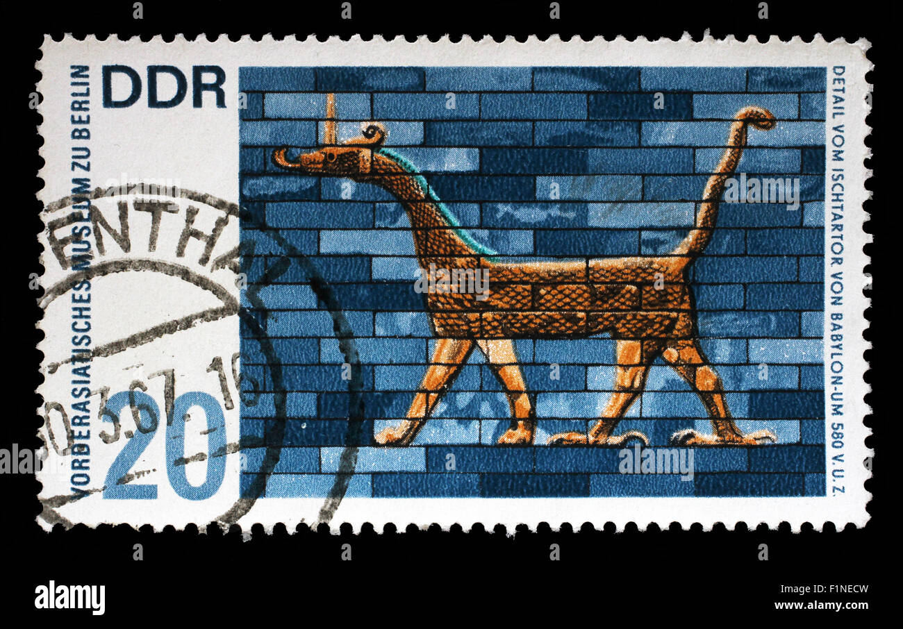 Stamp printed in GDR shows Museum of the Ancient Near East in Berlin, detail from the Ishtar Gate of Babylon , circa 1972 Stock Photo