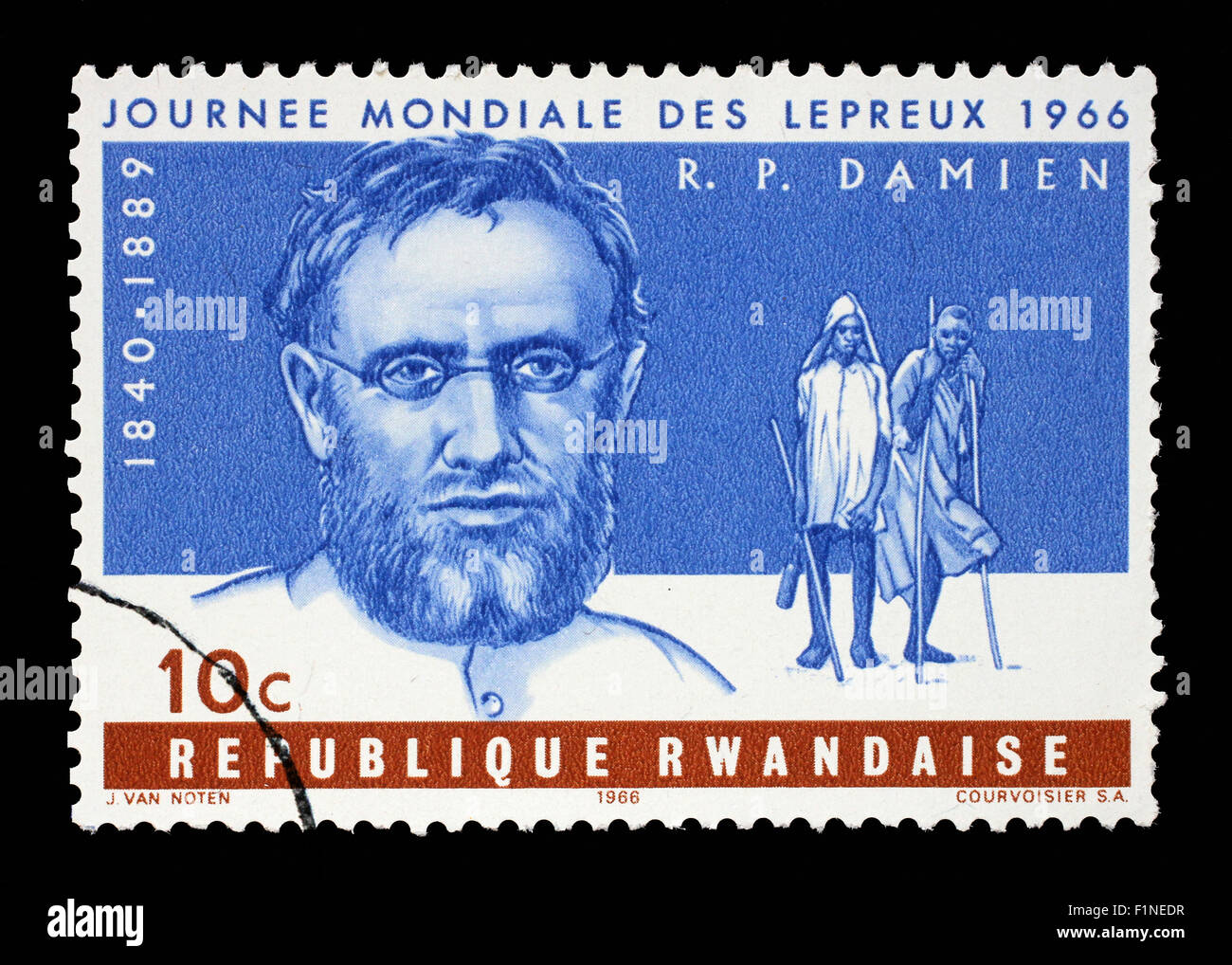 Stamp printed in Rwanda shows Father Joseph Damien, World Leprosy Day, circa 1966. Stock Photo