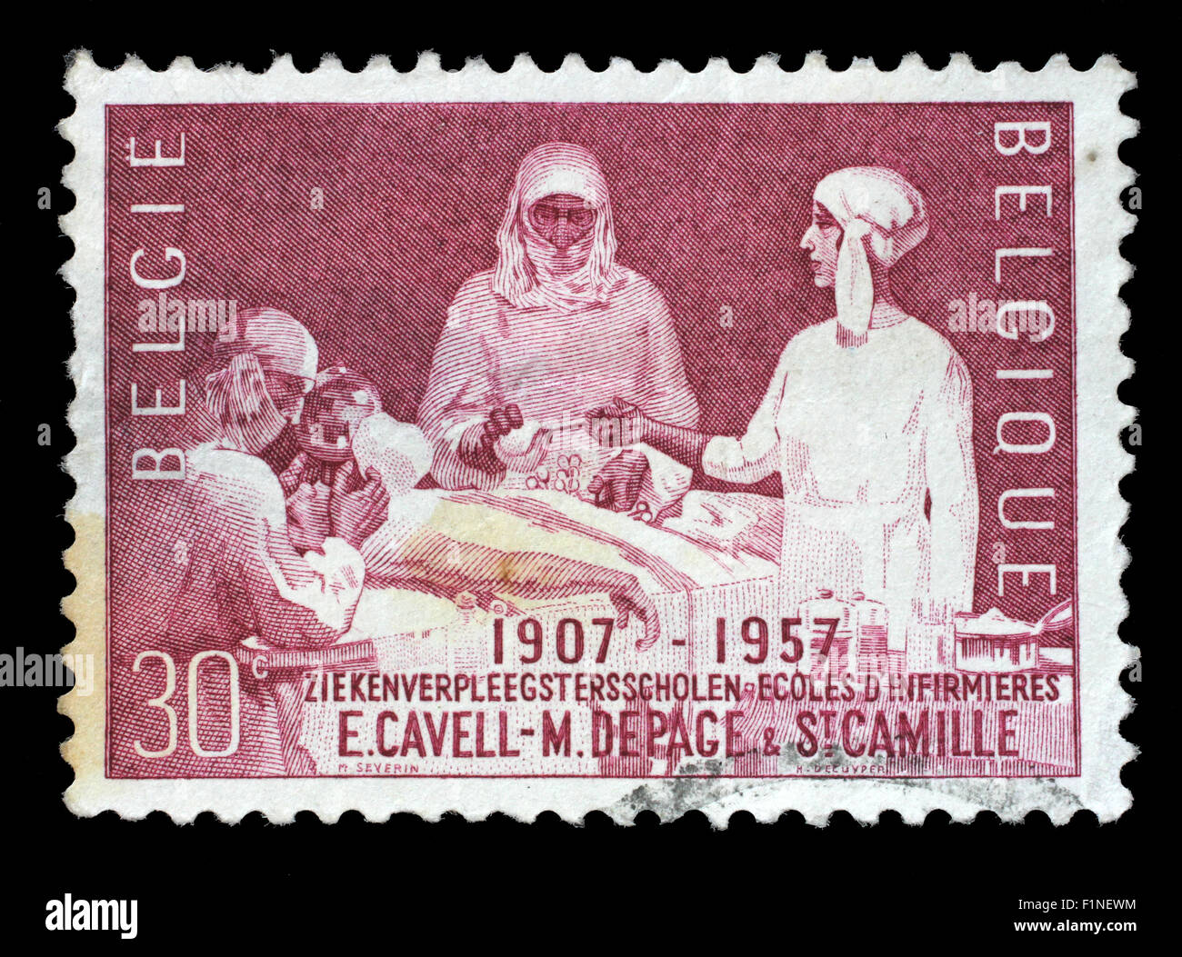 Stamp printed by Belgium shows Nursing school, circa 1957. Stock Photo