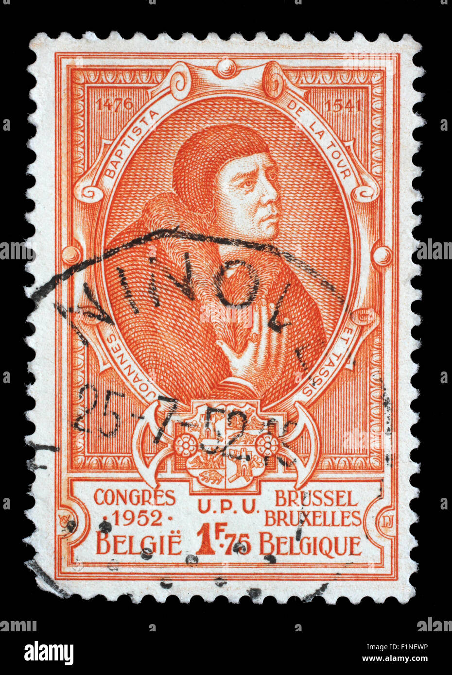 Stamp printed in Belgium shows Jean Baptiste Leschenault de la Tour - French botanist and ornithologist, circa 1952 Stock Photo