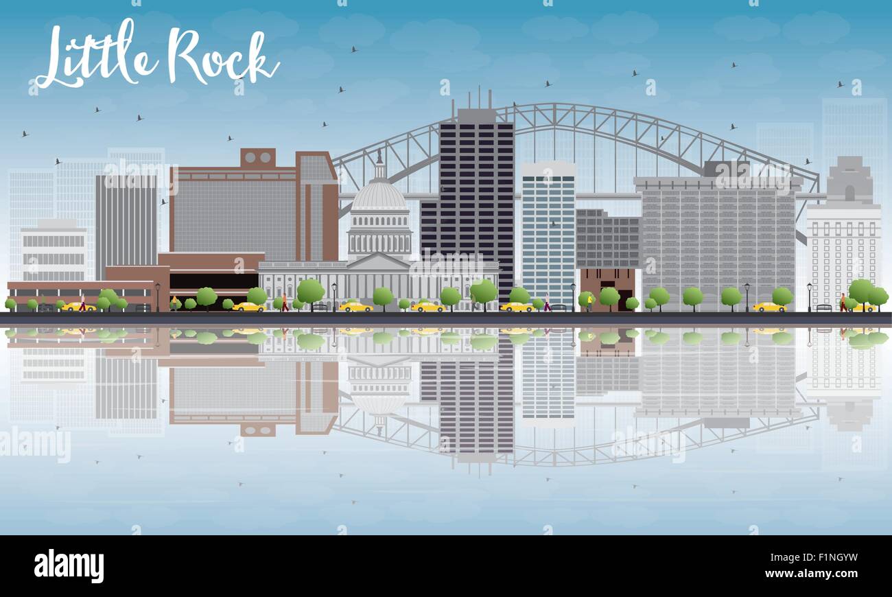 Little Rock Skyline with Grey Building, Blue Sky and reflections. Vector Illustration Stock Vector