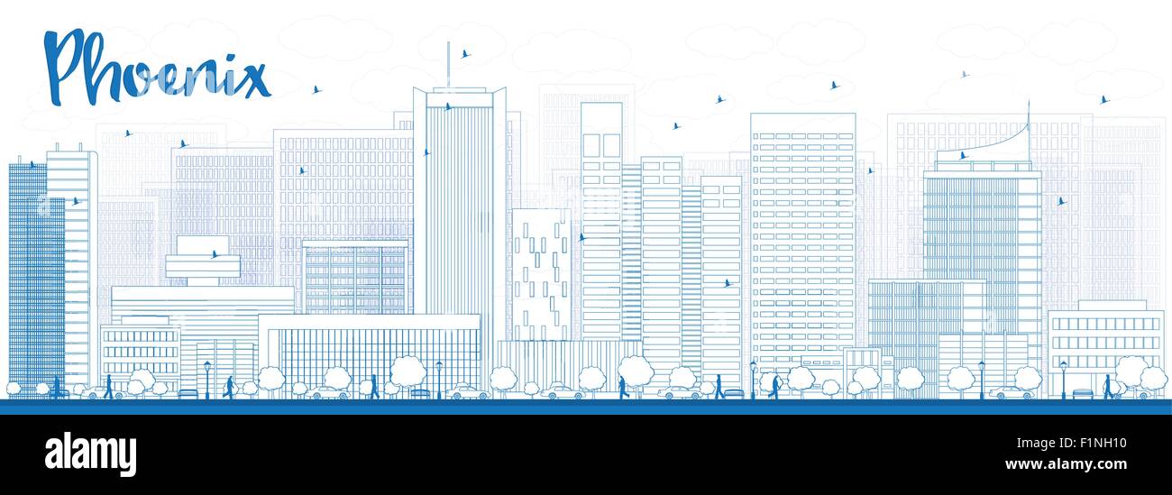 Outline Phoenix Skyline with Blue Buildings. Vector Illustration Stock Vector