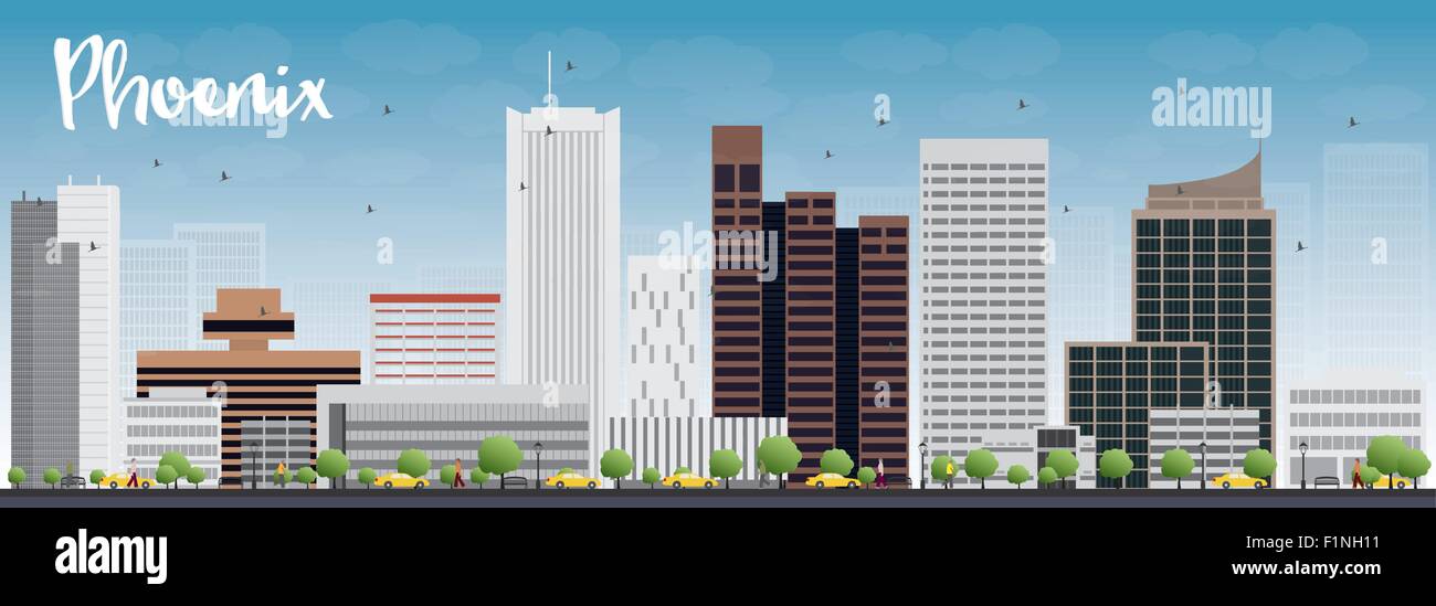 Phoenix Skyline with Grey Buildings and Blue Sky. Vector Illustration Stock Vector