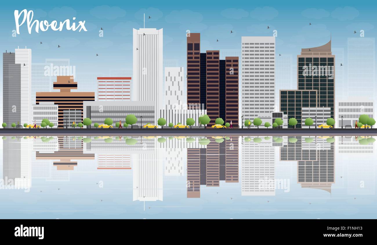 Phoenix Skyline with Grey Buildings, Blue Sky and reflections. Vector Illustration Stock Vector