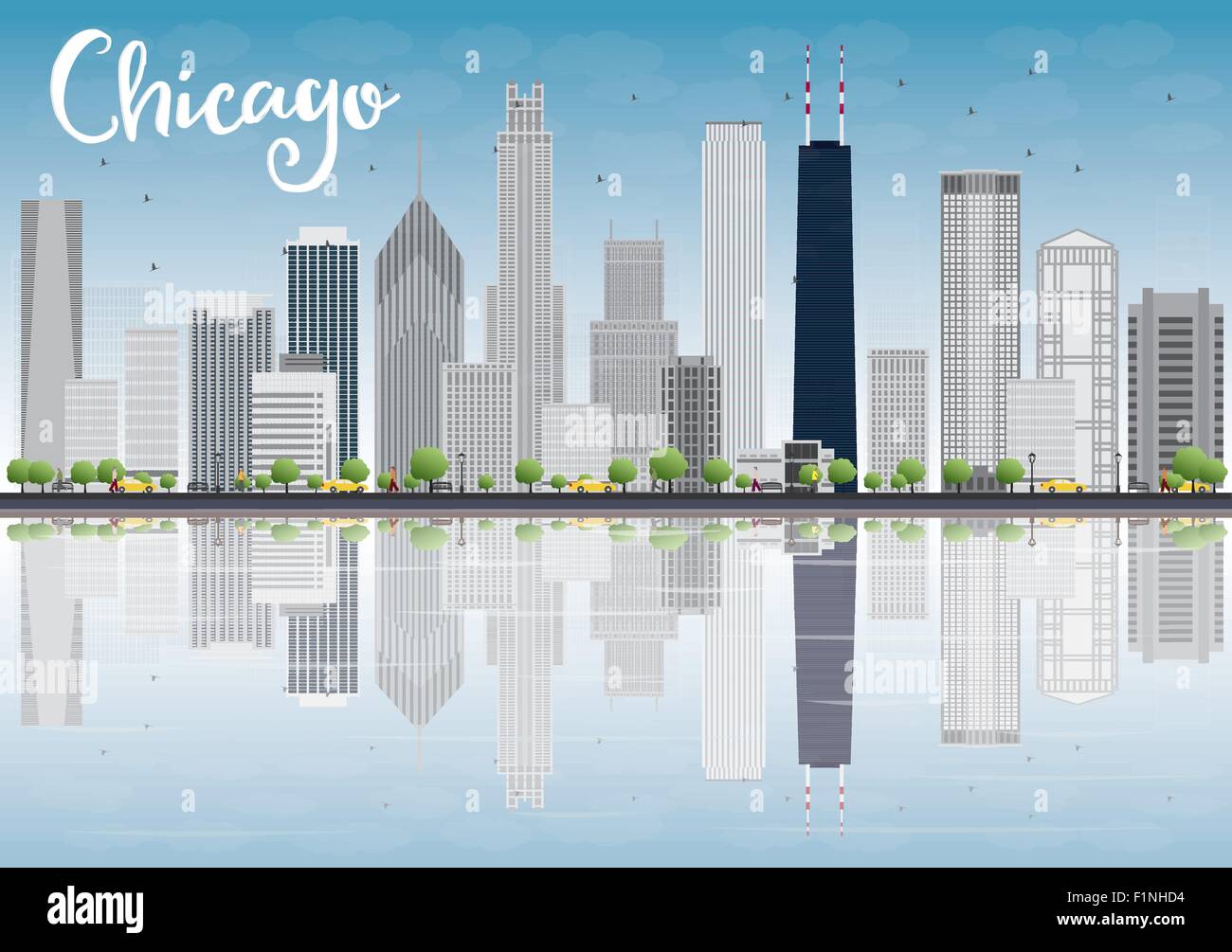 Chicago city skyline with grey skyscrapers and reflections. Vector illustration Stock Vector