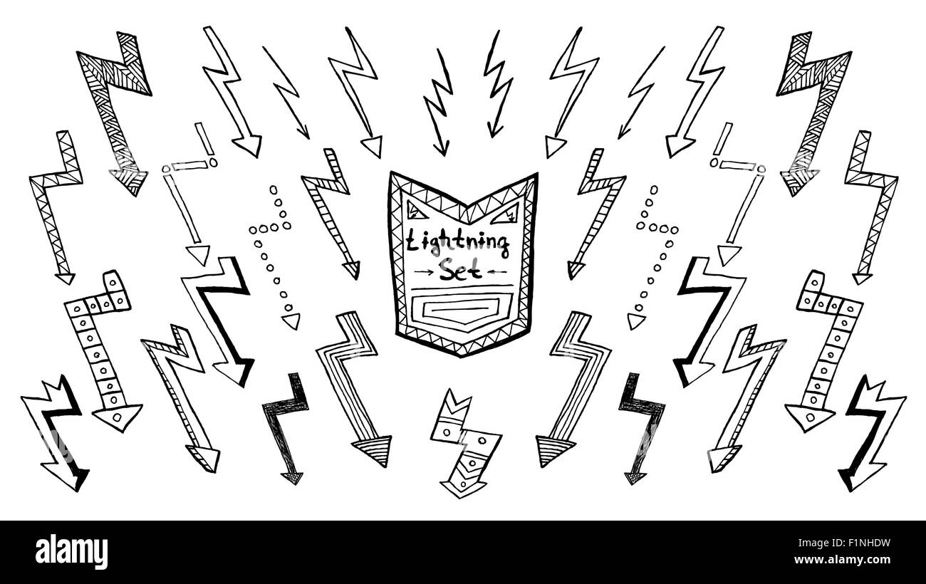 Set of hand drawn lightning on white background. Vector illustration Stock Vector