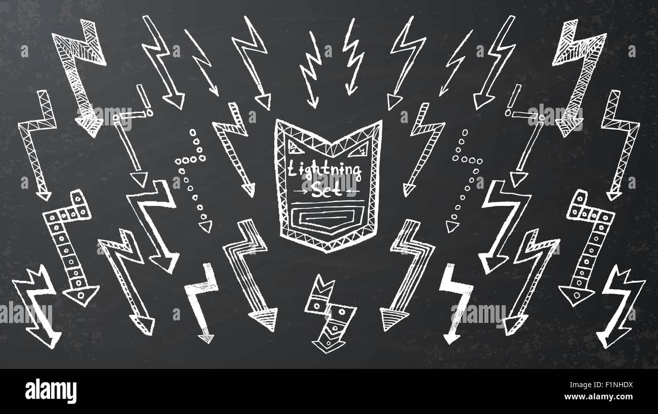 Set of hand drawn lightning on black background. Vector illustration ...