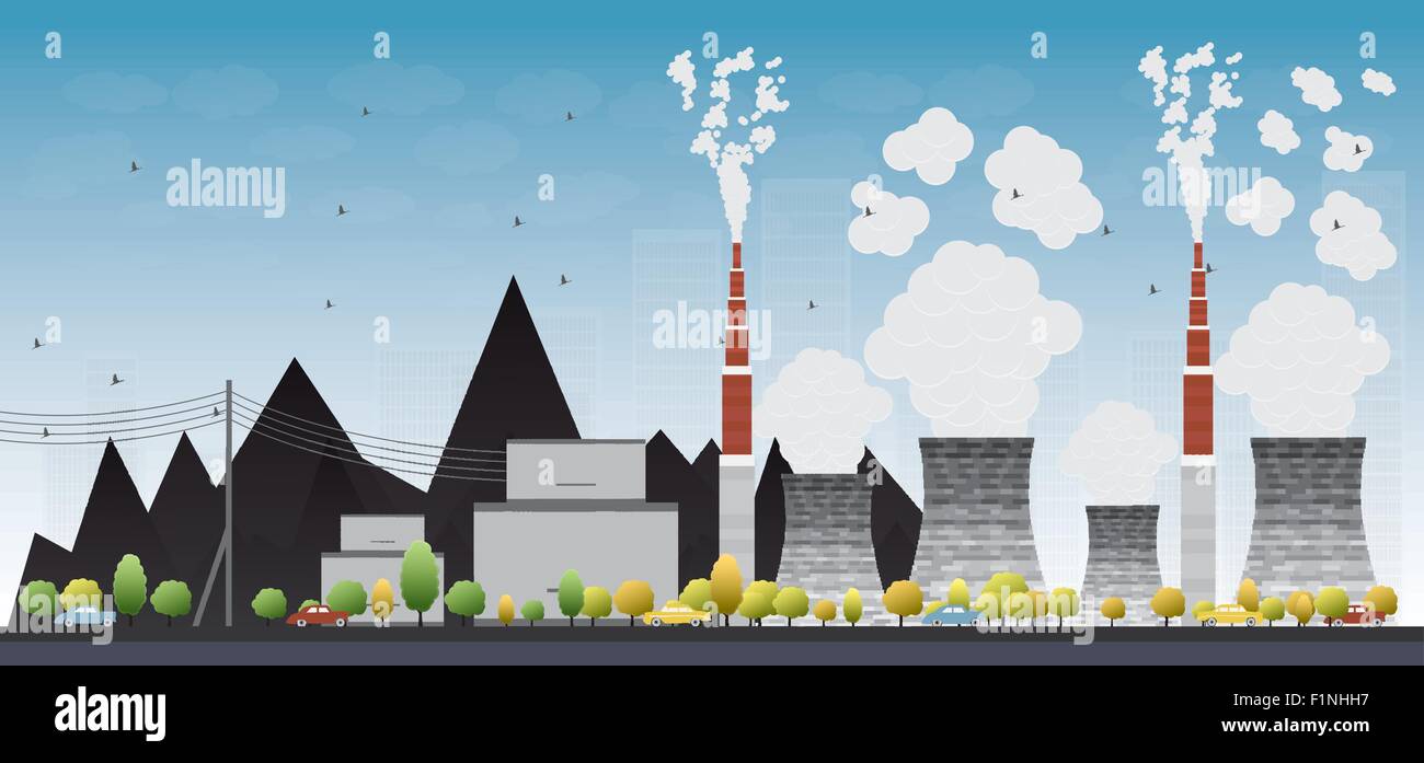 Coal power plant or factory pipes with smoke. Vector Illustration with yellow tree and blue sky Stock Vector
