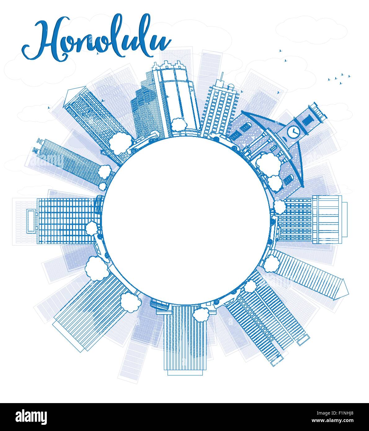 Outline Honolulu Hawaii skyline with blue buildings and copy space. Vector illustration Stock Vector