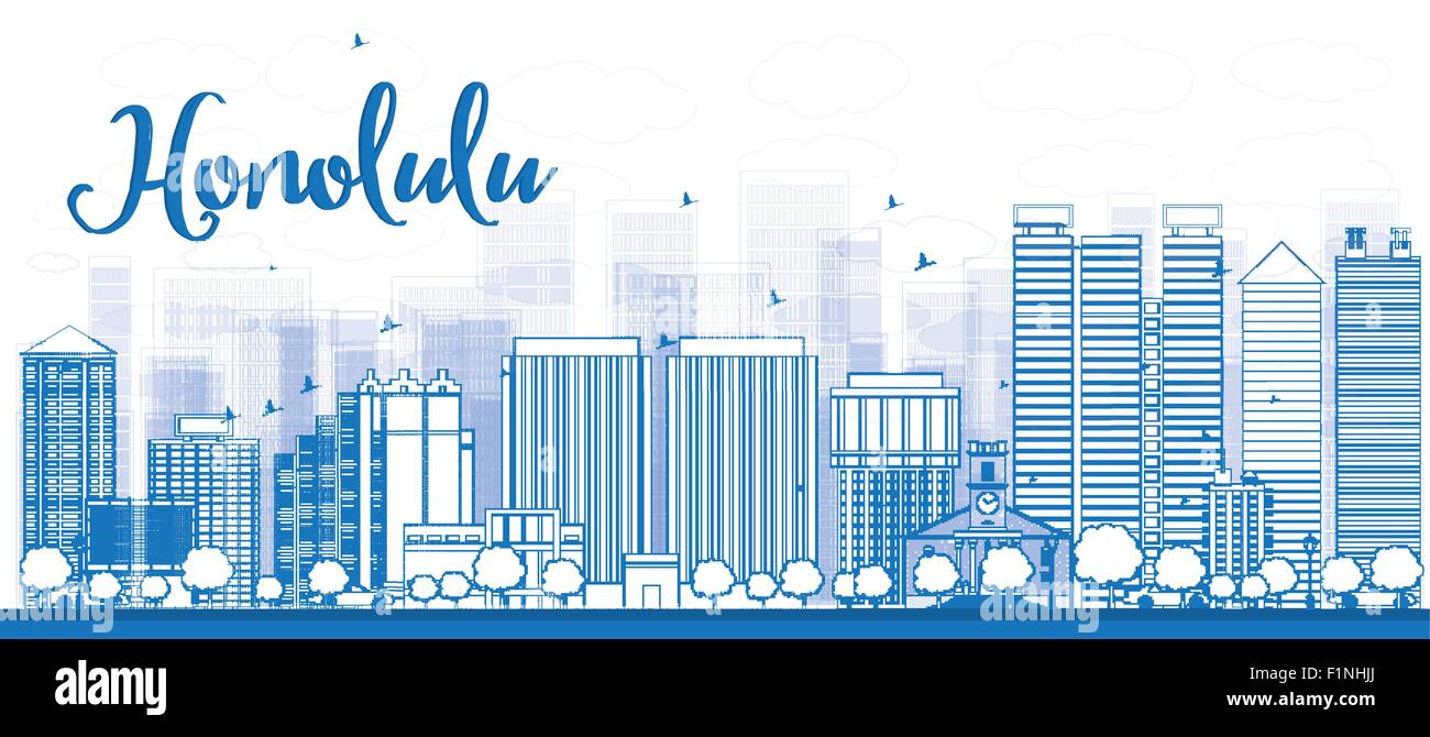 Outline Honolulu skyline with blue buildings Hawaii. Vector illustration Stock Vector