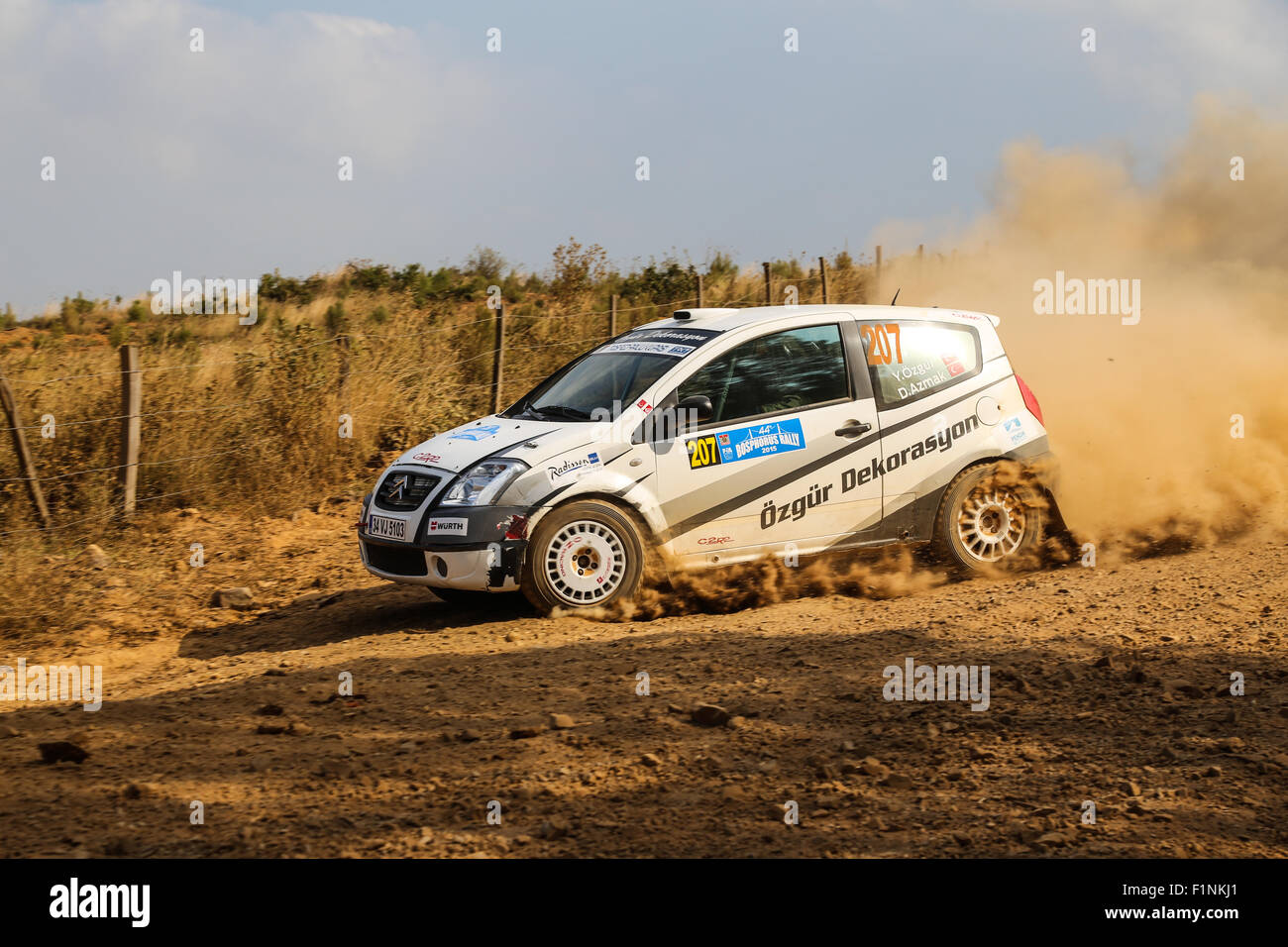 ISTANBUL, TURKEY - JULY 25, 2015: Yuksel Ozgur drives Citroen C2 GT in Bosphorus Rally 2015, Mudarli stage Stock Photo