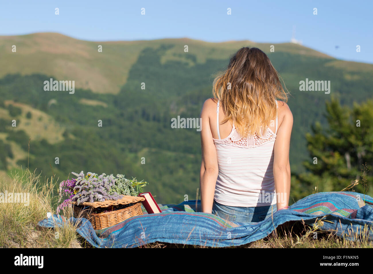 Girl laying on a blanket on a picnic in the field facing the view at the mountains Stock Photo