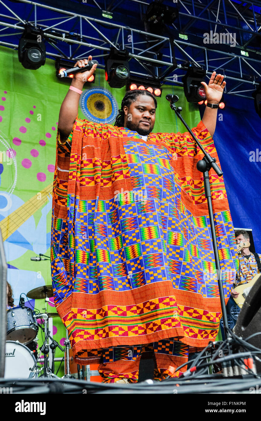 Zimbabwean born singer & percussionist Wilson Magwere wearing a traditional outfit. Stock Photo