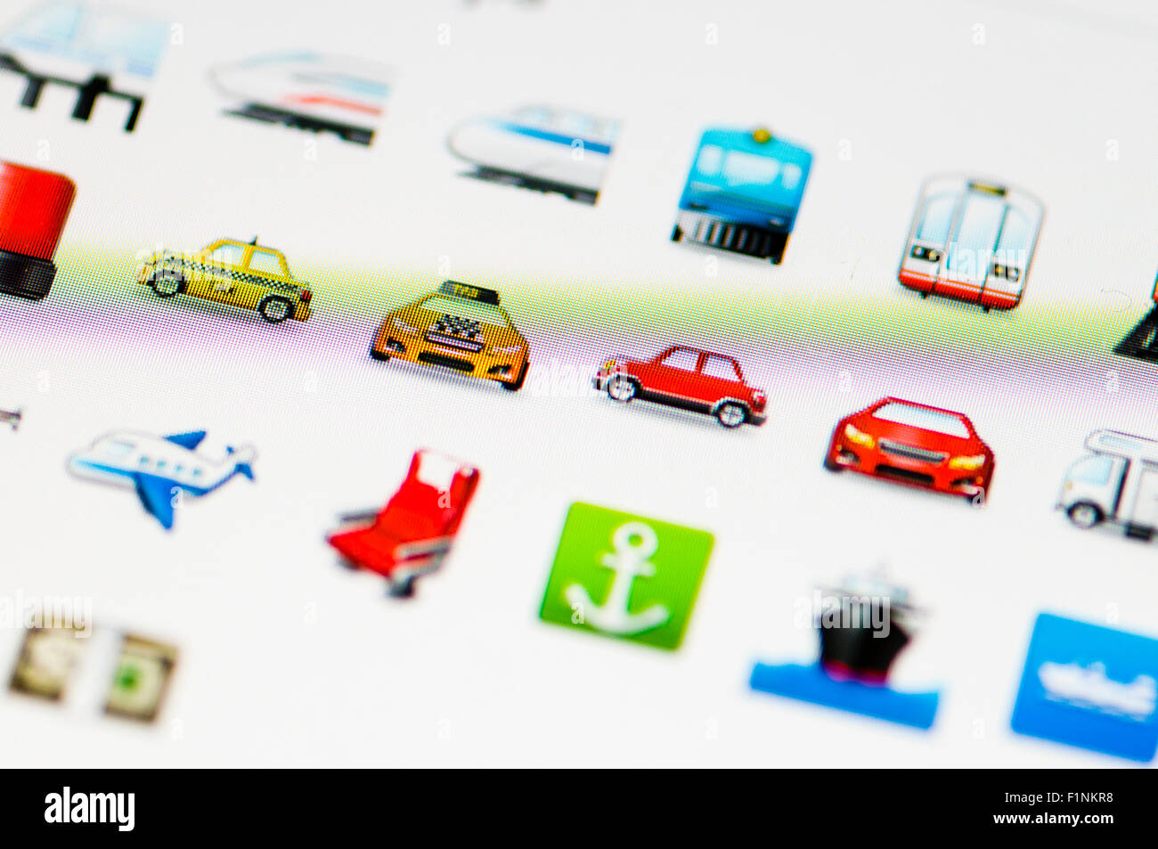 Screen displaying a range of transportation emojis Stock Photo