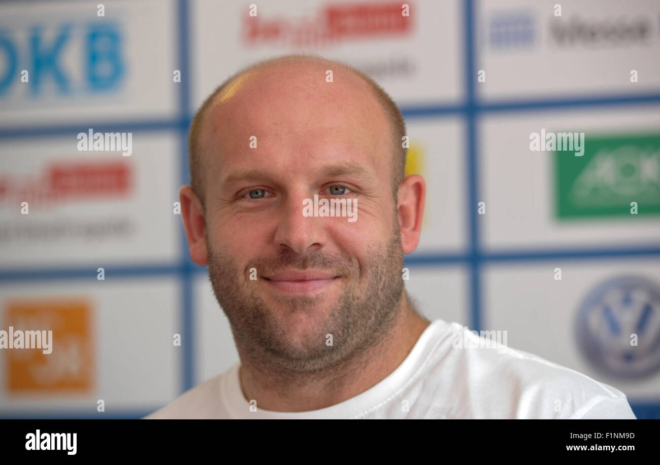 Polish discus thrower Piotr Malachowski taking part in an ISTAF press conference in Berlin