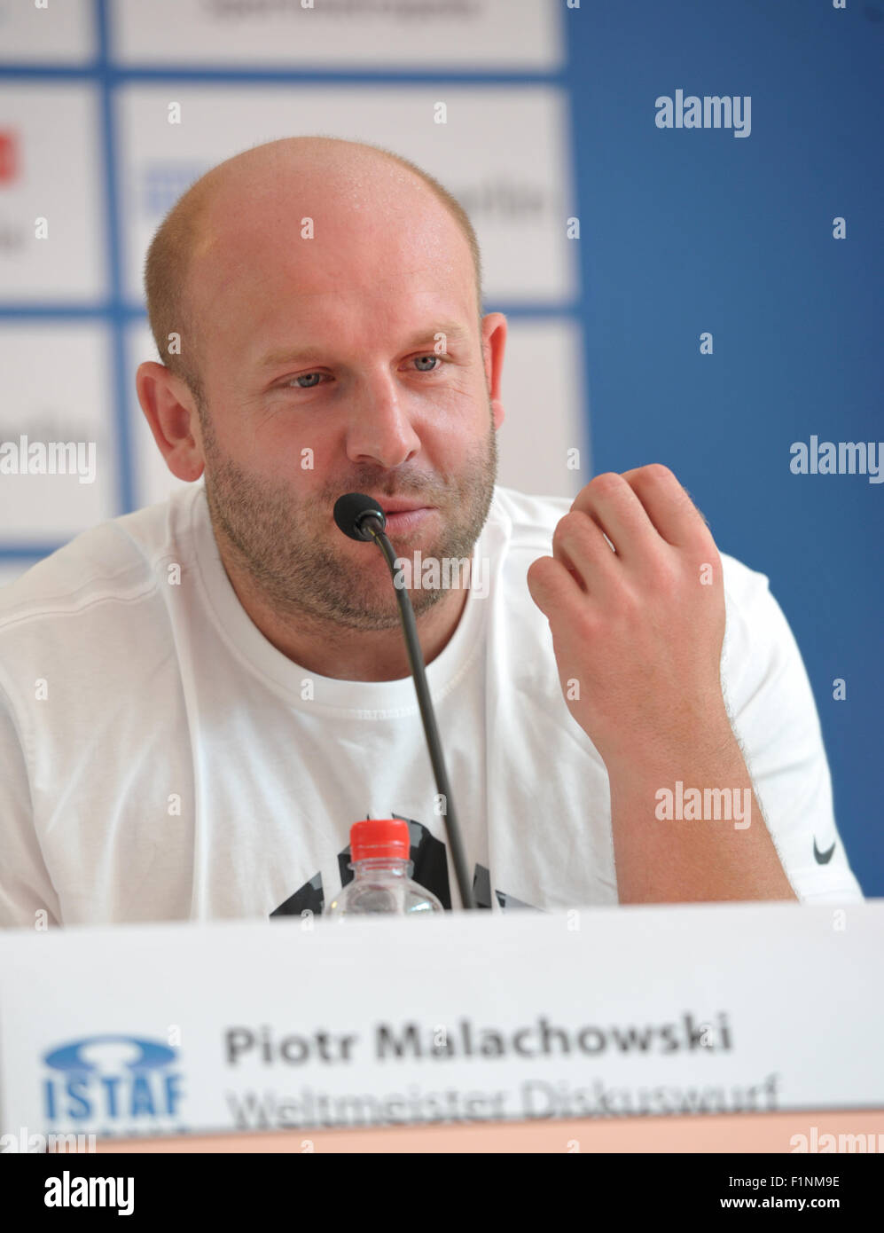 Polish discus thrower Piotr Malachowski taking part in an ISTAF press conference in Berlin