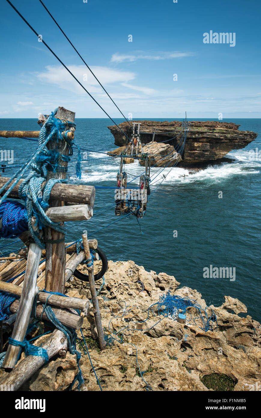 Cable car lift between Timang beach coast and small rocky island in the