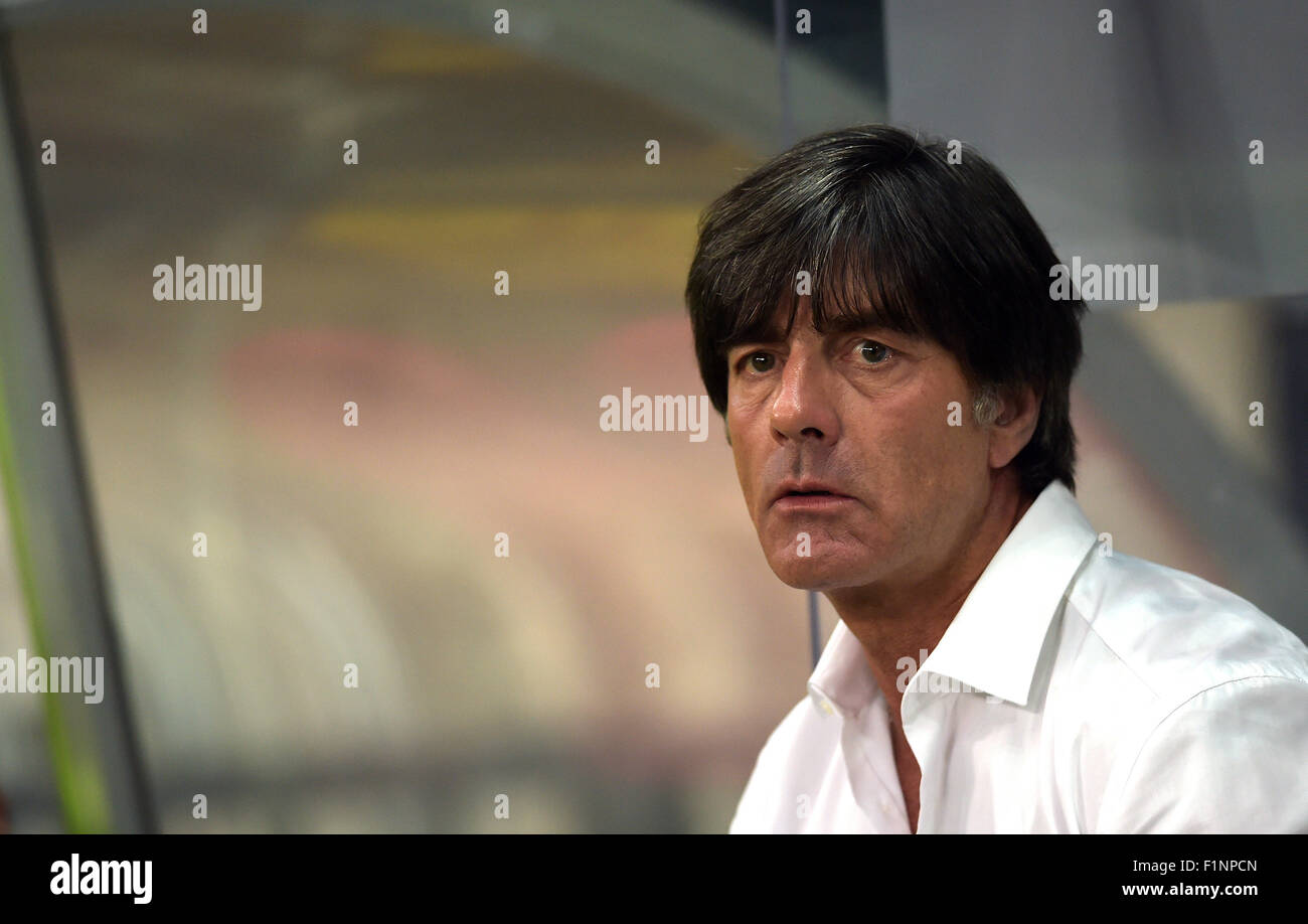 Germany head coach Joachim Loew (R) pictured before the Group D qualifier for the European Championships at the Commerzbank-Arena in Frankfurt am Main, Germany, 4 September 2015. PHOTO: FEDERICO GAMBARINI/DPA Stock Photo