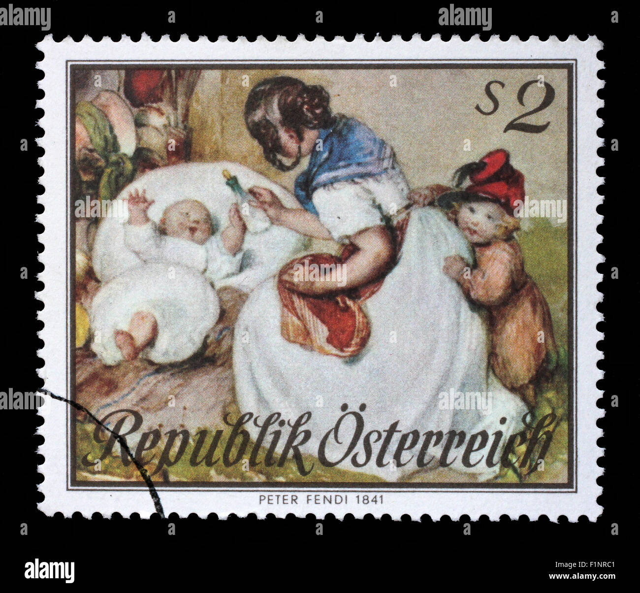 Stamp printed by Austria, shows Motherhood, Watercolor by Peter Fendi, circa 1967 Stock Photo