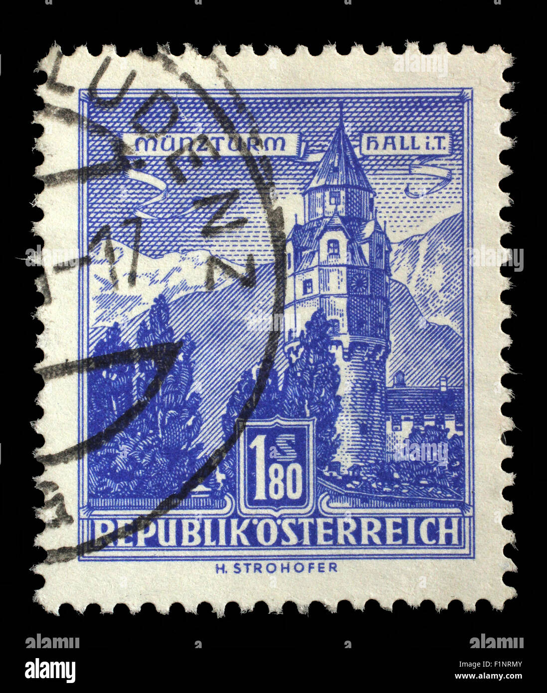 Stamp printed in Austria shows Munzturm hall in Tirol, series, circa 1960 Stock Photo